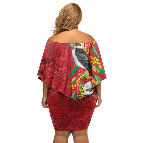 Aussie Kokaburra Golden Wattle Christmas Off Shoulder Short Dress Aboriginal Dots Painting Red Motif - Aussie Hoodie