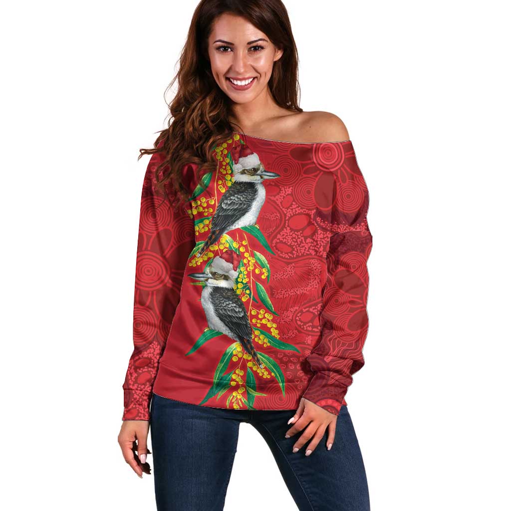 Aussie Kokaburra Golden Wattle Christmas Off Shoulder Sweater Aboriginal Dots Painting Red Motif - Aussie Hoodie