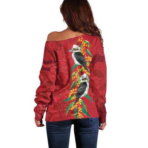 Aussie Kokaburra Golden Wattle Christmas Off Shoulder Sweater Aboriginal Dots Painting Red Motif - Aussie Hoodie