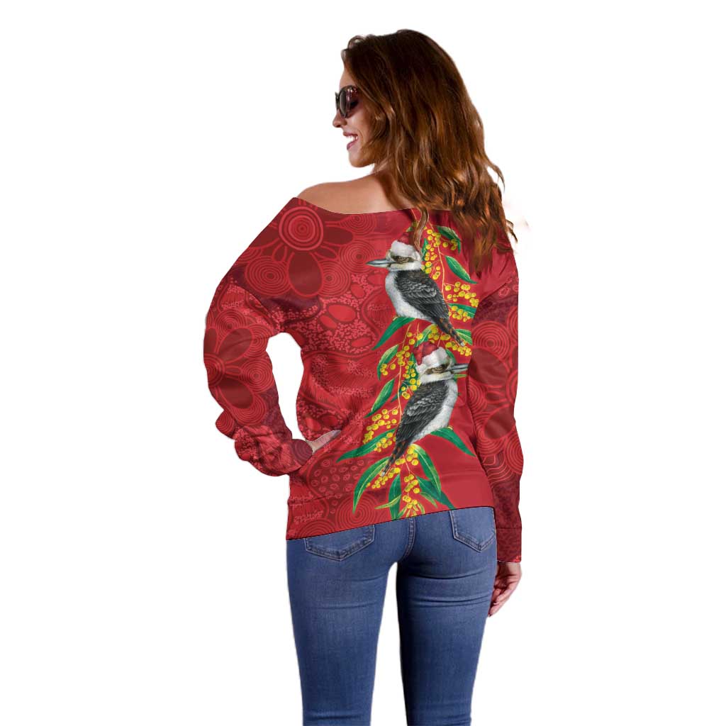 Aussie Kokaburra Golden Wattle Christmas Off Shoulder Sweater Aboriginal Dots Painting Red Motif - Aussie Hoodie