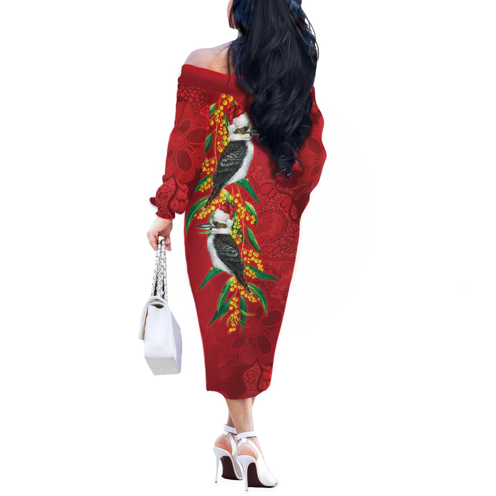 Aussie Kokaburra Golden Wattle Christmas Off The Shoulder Long Sleeve Dress Aboriginal Dots Painting Red Motif - Aussie Hoodie