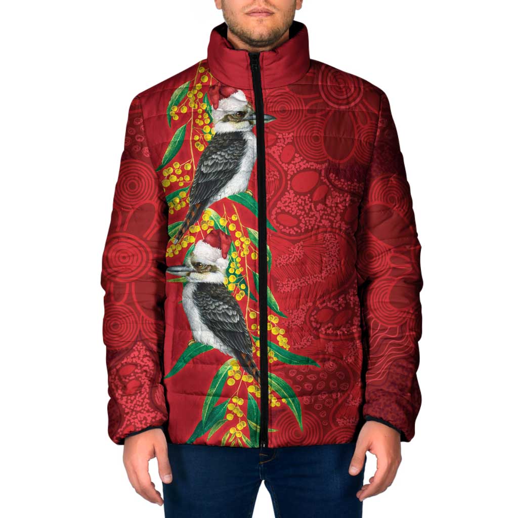 Aussie Kokaburra Golden Wattle Christmas Padded Jacket Aboriginal Dots Painting Red Motif - Aussie Hoodie