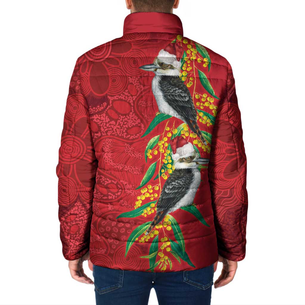 Aussie Kokaburra Golden Wattle Christmas Padded Jacket Aboriginal Dots Painting Red Motif - Aussie Hoodie