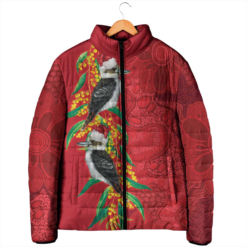 Aussie Kokaburra Golden Wattle Christmas Padded Jacket Aboriginal Dots Painting Red Motif - Aussie Hoodie