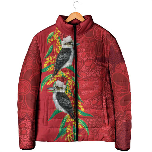 Aussie Kokaburra Golden Wattle Christmas Padded Jacket Aboriginal Dots Painting Red Motif - Aussie Hoodie