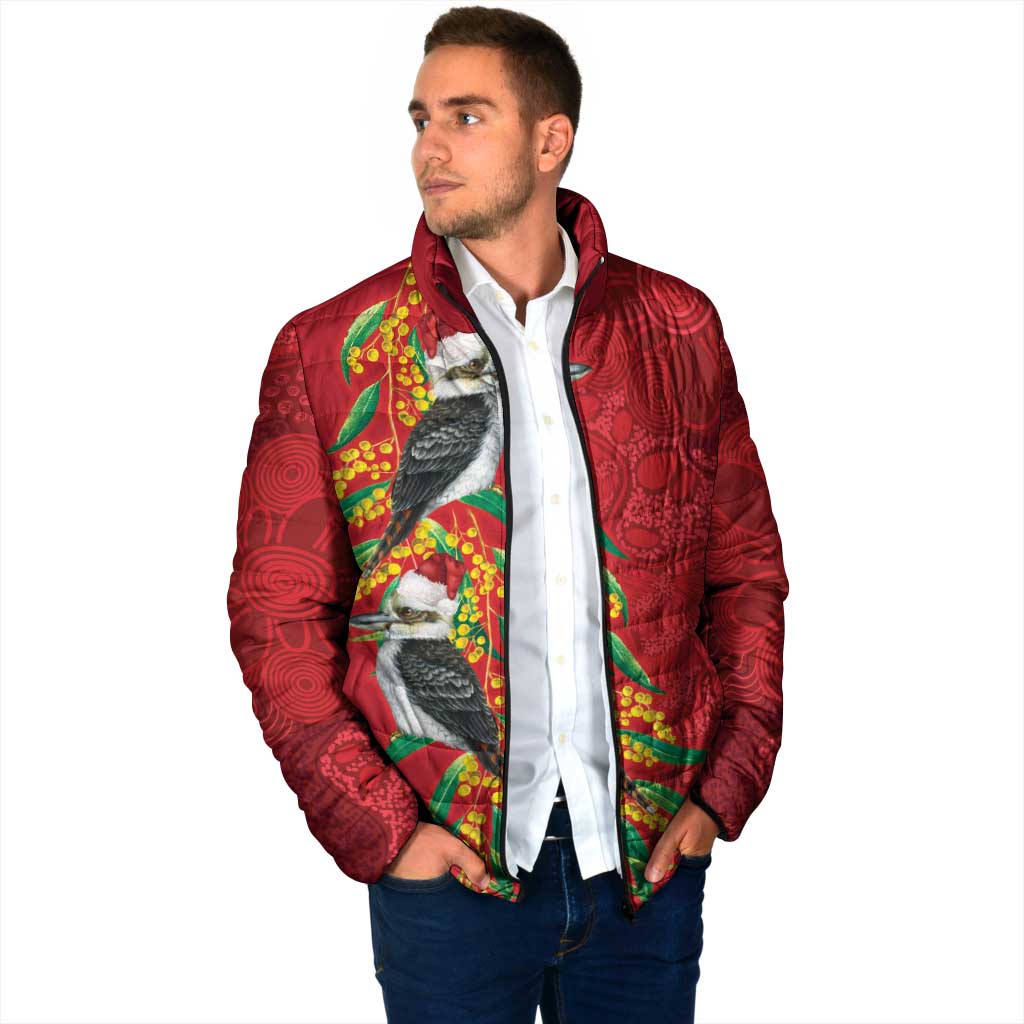 Aussie Kokaburra Golden Wattle Christmas Padded Jacket Aboriginal Dots Painting Red Motif - Aussie Hoodie