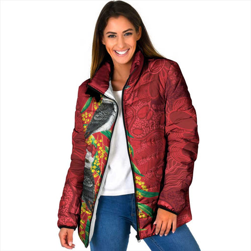 Aussie Kokaburra Golden Wattle Christmas Padded Jacket Aboriginal Dots Painting Red Motif - Aussie Hoodie