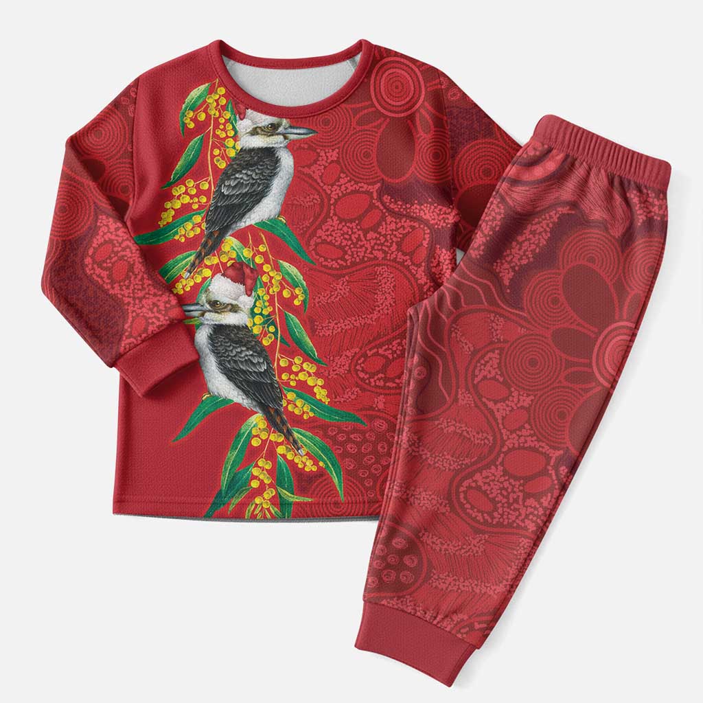 Aussie Kokaburra Golden Wattle Christmas Pajama Set Aboriginal Dots Painting Red Motif - Aussie Hoodie