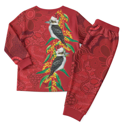 Aussie Kokaburra Golden Wattle Christmas Pajama Set Aboriginal Dots Painting Red Motif - Aussie Hoodie