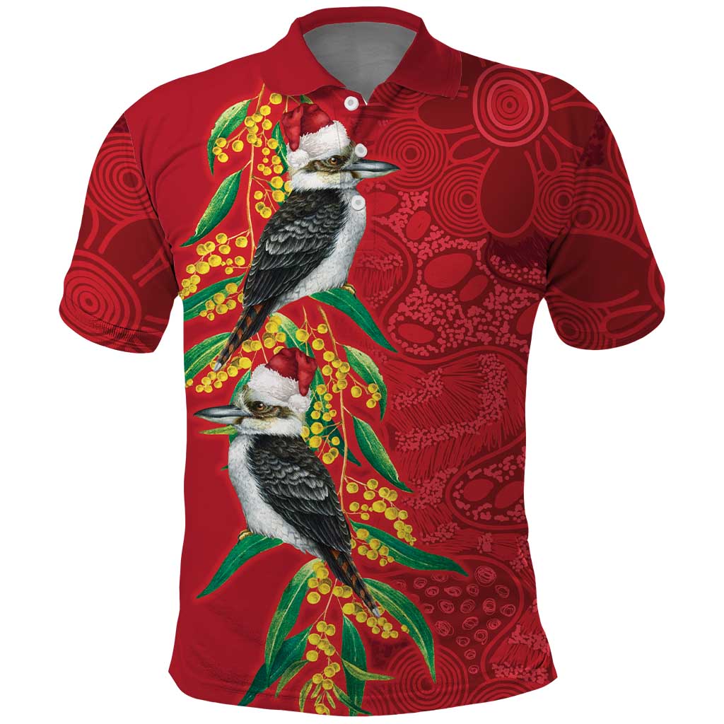 Aussie Kokaburra Golden Wattle Christmas Polo Shirt Aboriginal Dots Painting Red Motif - Aussie Hoodie