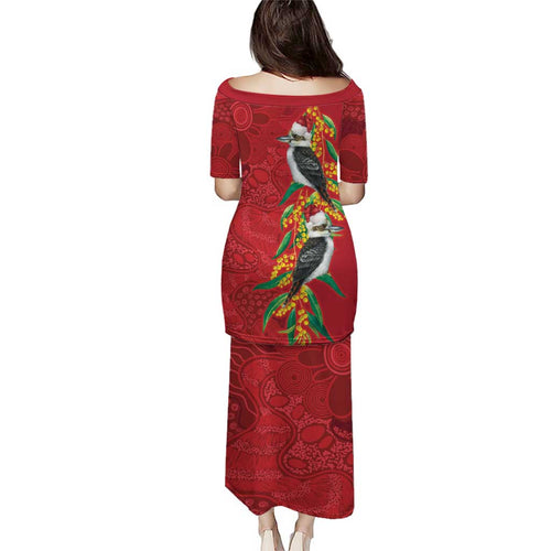 Aussie Kokaburra Golden Wattle Christmas Puletasi Aboriginal Dots Painting Red Motif - Aussie Hoodie