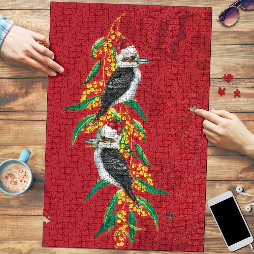 Aussie Kokaburra Golden Wattle Christmas Puzzle Aboriginal Dots Painting Red Motif - Aussie Hoodie