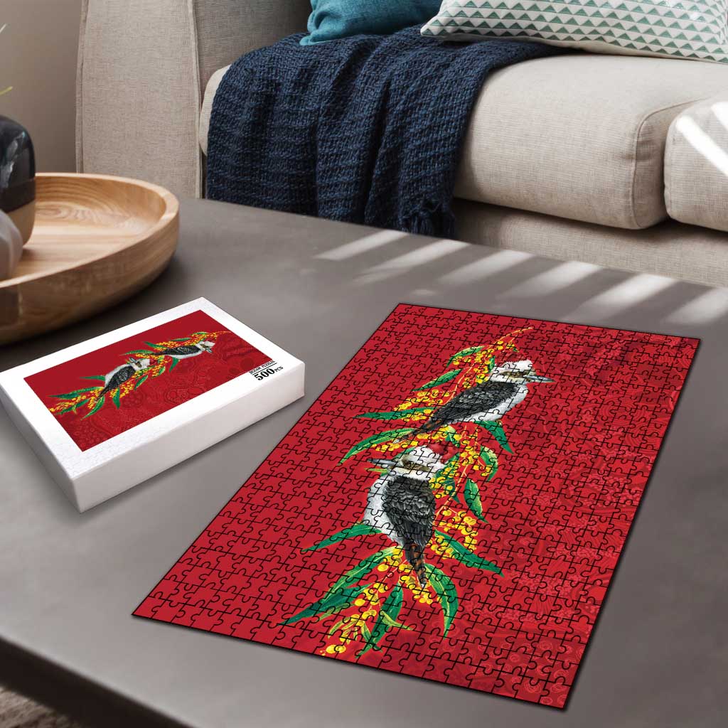 Aussie Kokaburra Golden Wattle Christmas Puzzle Aboriginal Dots Painting Red Motif - Aussie Hoodie
