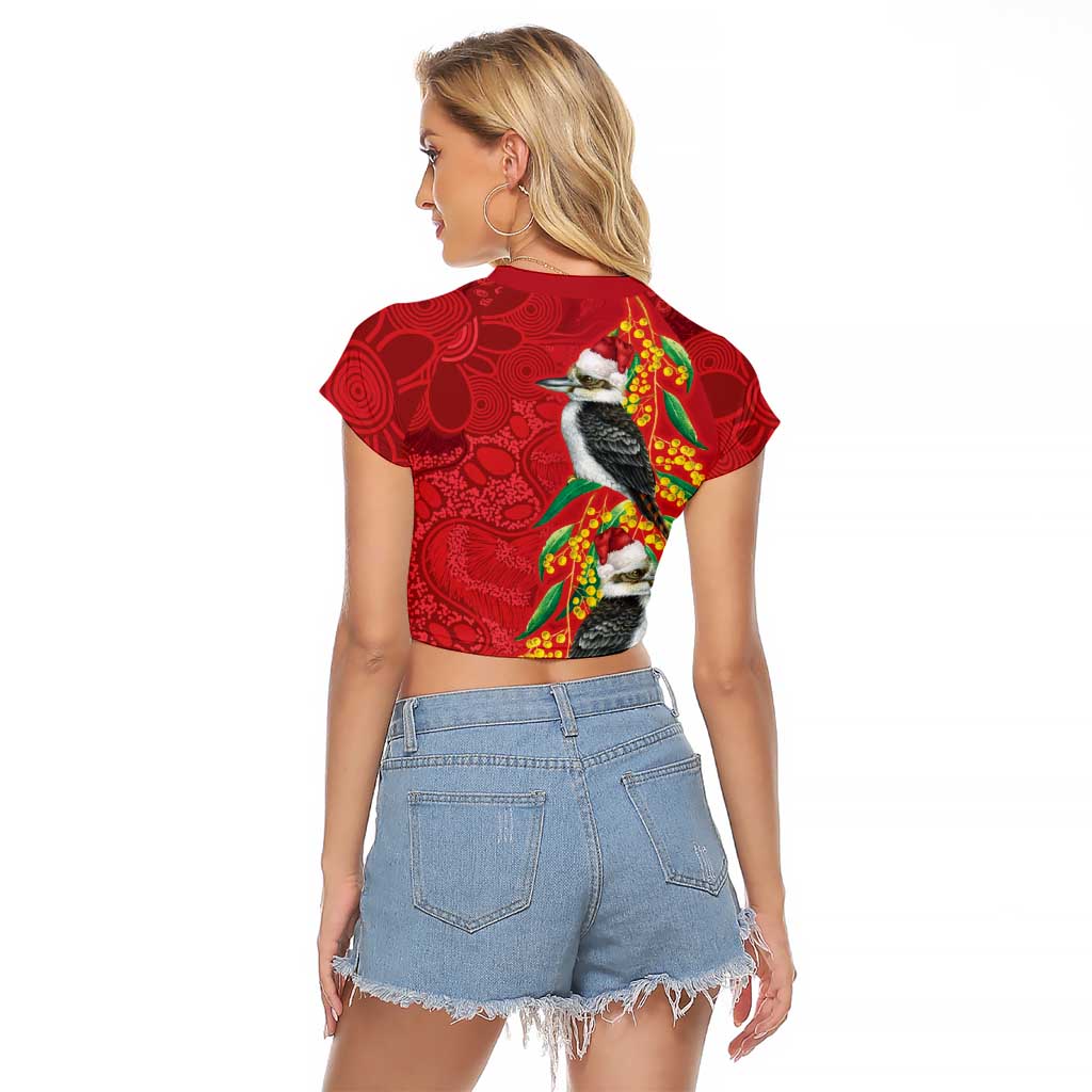 Aussie Kokaburra Golden Wattle Christmas Raglan Cropped T Shirt Aboriginal Dots Painting Red Motif - Aussie Hoodie
