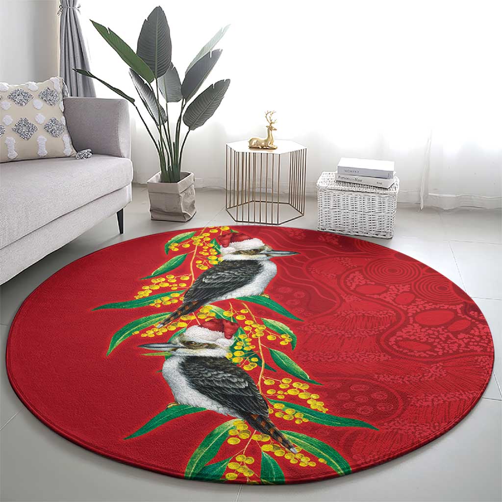 Aussie Kokaburra Golden Wattle Christmas Round Carpet Aboriginal Dots Painting Red Motif - Aussie Hoodie