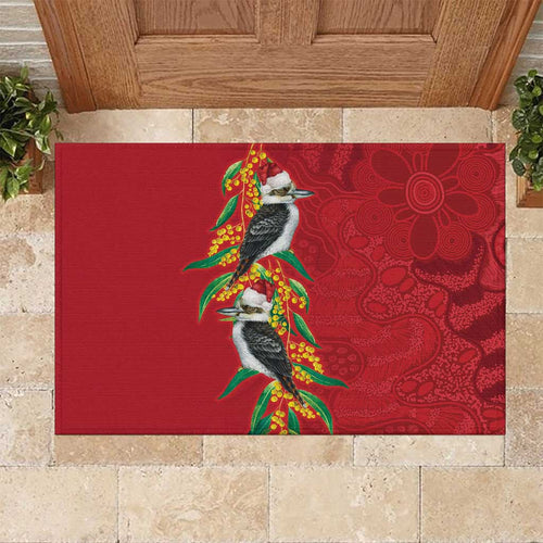Aussie Kokaburra Golden Wattle Christmas Rubber Doormat Aboriginal Dots Painting Red Motif - Aussie Hoodie