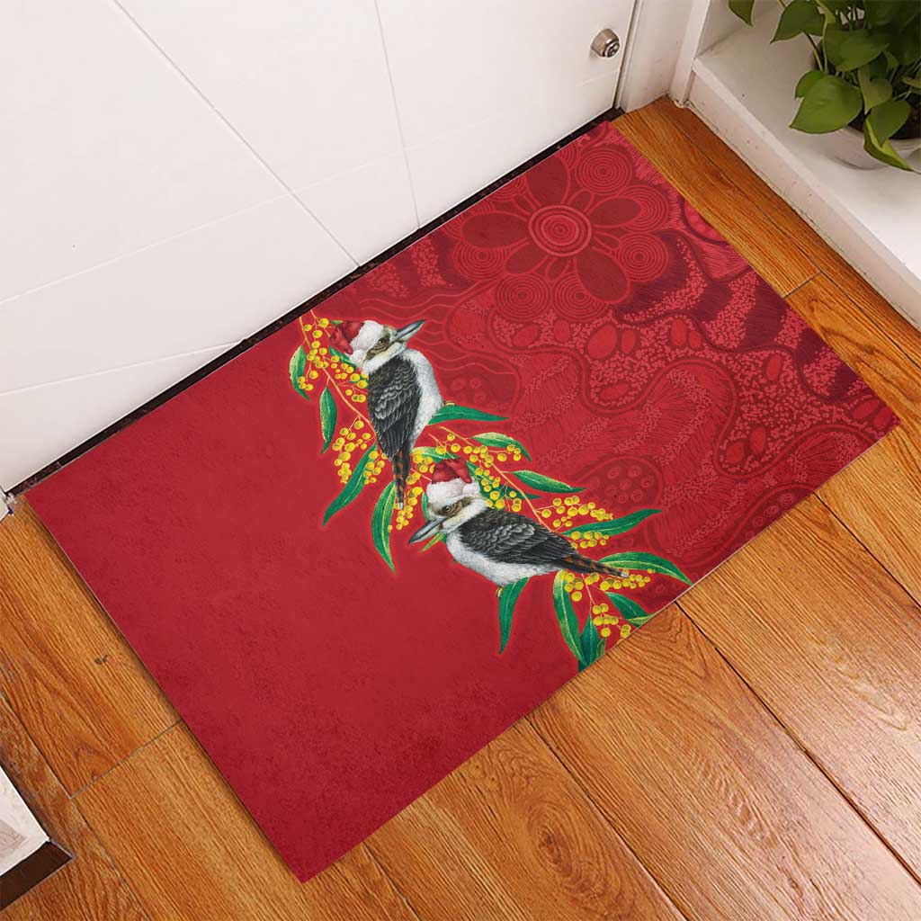 Aussie Kokaburra Golden Wattle Christmas Rubber Doormat Aboriginal Dots Painting Red Motif - Aussie Hoodie