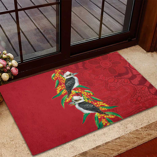 Aussie Kokaburra Golden Wattle Christmas Rubber Doormat Aboriginal Dots Painting Red Motif - Aussie Hoodie