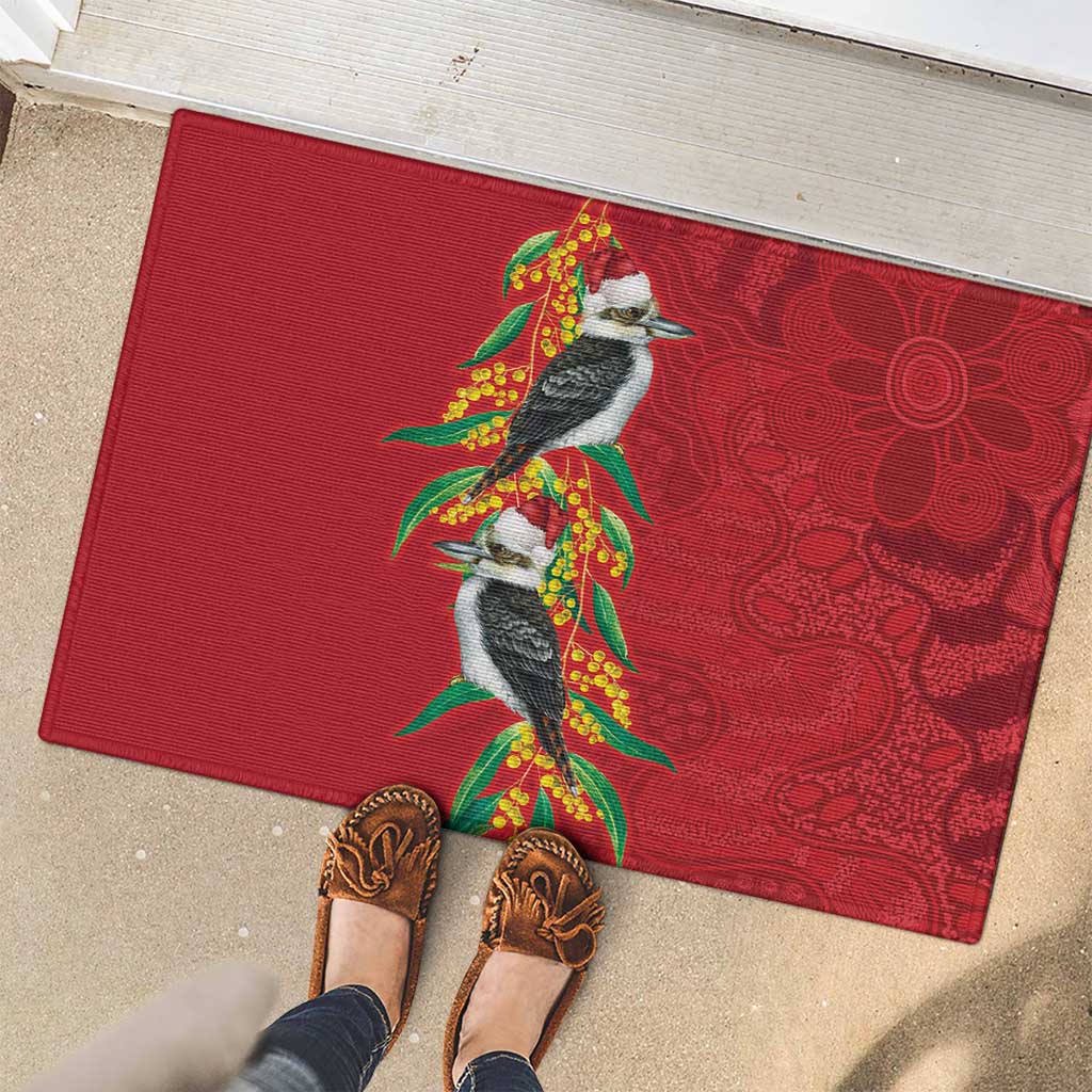 Aussie Kokaburra Golden Wattle Christmas Rubber Doormat Aboriginal Dots Painting Red Motif - Aussie Hoodie