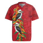 Aussie Kokaburra Golden Wattle Christmas Rugby Jersey Aboriginal Dots Painting Red Motif - Aussie Hoodie