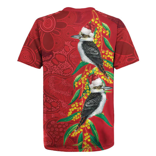 Aussie Kokaburra Golden Wattle Christmas Rugby Jersey Aboriginal Dots Painting Red Motif - Aussie Hoodie