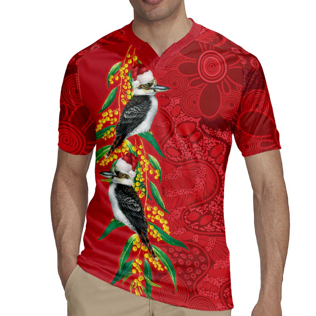 Aussie Kokaburra Golden Wattle Christmas Rugby Jersey Aboriginal Dots Painting Red Motif - Aussie Hoodie