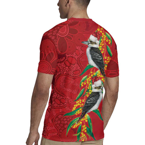 Aussie Kokaburra Golden Wattle Christmas Rugby Jersey Aboriginal Dots Painting Red Motif - Aussie Hoodie