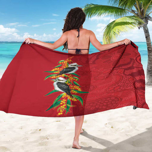 Aussie Kokaburra Golden Wattle Christmas Sarong Aboriginal Dots Painting Red Motif - Aussie Hoodie