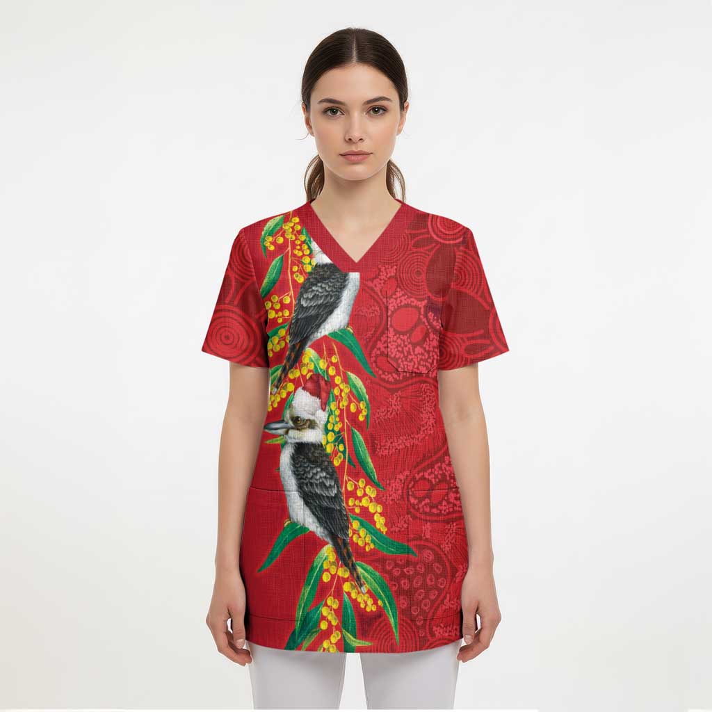 Aussie Kokaburra Golden Wattle Christmas Scrub Top Aboriginal Dots Painting Red Motif - Aussie Hoodie