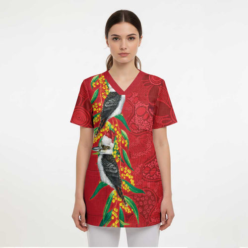 Aussie Kokaburra Golden Wattle Christmas Scrub Top Aboriginal Dots Painting Red Motif - Aussie Hoodie
