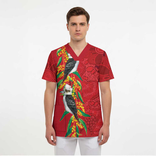 Aussie Kokaburra Golden Wattle Christmas Scrub Top Aboriginal Dots Painting Red Motif - Aussie Hoodie