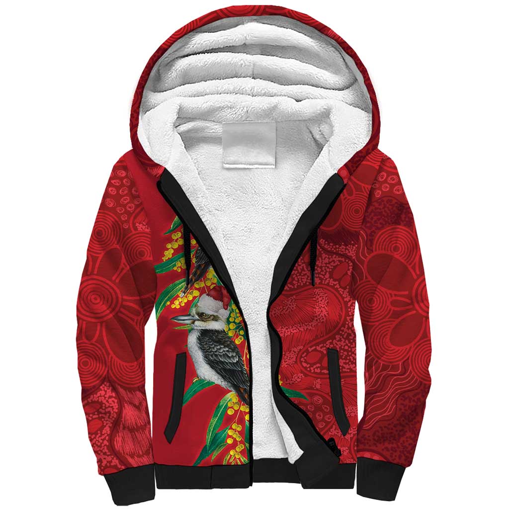 Aussie Kokaburra Golden Wattle Christmas Sherpa Hoodie Aboriginal Dots Painting Red Motif - Aussie Hoodie