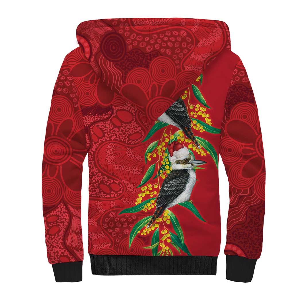 Aussie Kokaburra Golden Wattle Christmas Sherpa Hoodie Aboriginal Dots Painting Red Motif - Aussie Hoodie