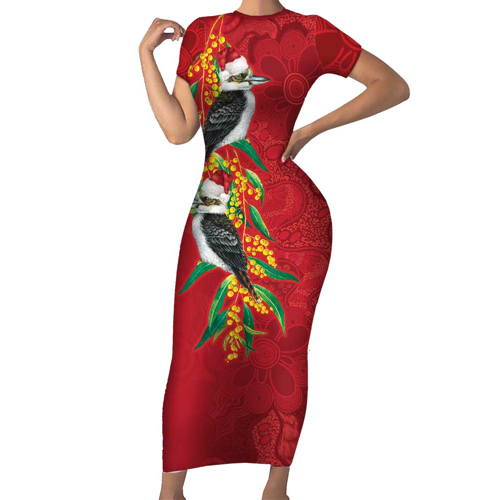 Aussie Kokaburra Golden Wattle Christmas Short Sleeve Bodycon Dress Aboriginal Dots Painting Red Motif - Aussie Hoodie