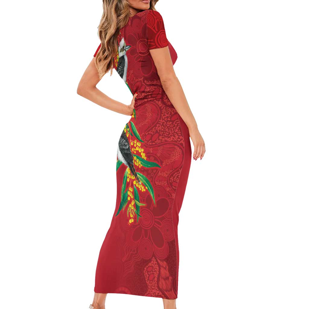 Aussie Kokaburra Golden Wattle Christmas Short Sleeve Bodycon Dress Aboriginal Dots Painting Red Motif - Aussie Hoodie