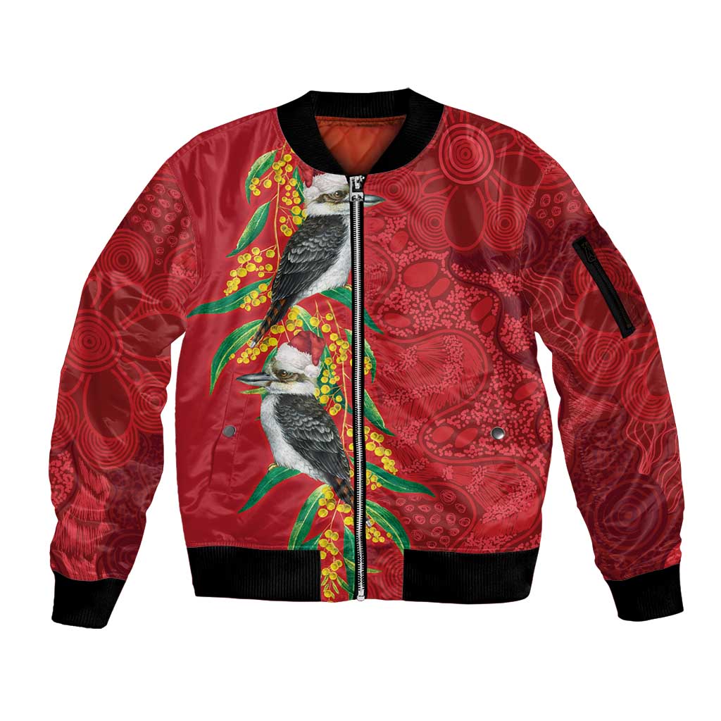 Aussie Kokaburra Golden Wattle Christmas Sleeve Zip Bomber Jacket Aboriginal Dots Painting Red Motif - Aussie Hoodie
