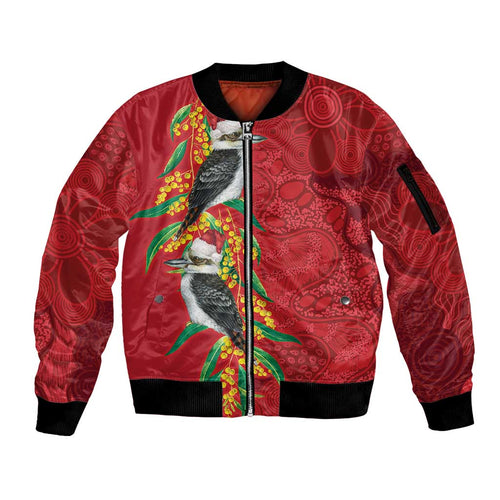 Aussie Kokaburra Golden Wattle Christmas Sleeve Zip Bomber Jacket Aboriginal Dots Painting Red Motif - Aussie Hoodie