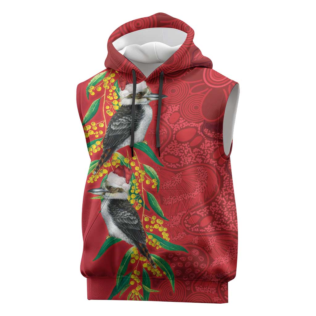Aussie Kokaburra Golden Wattle Christmas Sleeveless Hoodie Aboriginal Dots Painting Red Motif - Aussie Hoodie