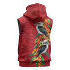Aussie Kokaburra Golden Wattle Christmas Sleeveless Hoodie Aboriginal Dots Painting Red Motif - Aussie Hoodie
