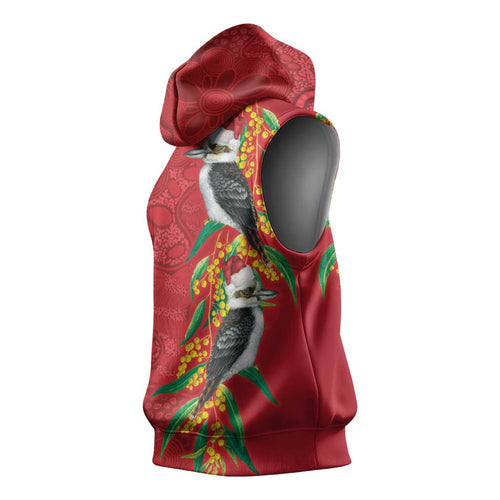 Aussie Kokaburra Golden Wattle Christmas Sleeveless Hoodie Aboriginal Dots Painting Red Motif - Aussie Hoodie