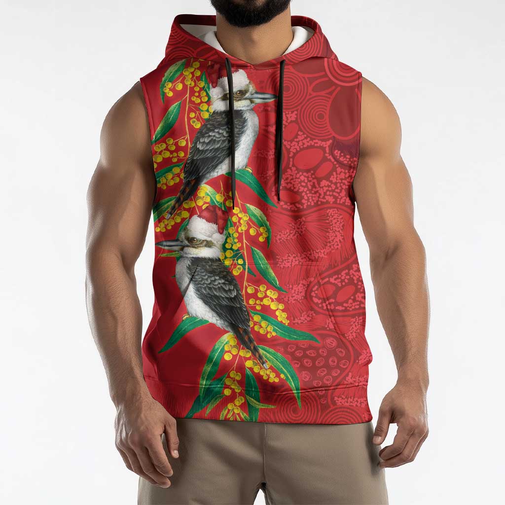 Aussie Kokaburra Golden Wattle Christmas Sleeveless Hoodie Aboriginal Dots Painting Red Motif - Aussie Hoodie