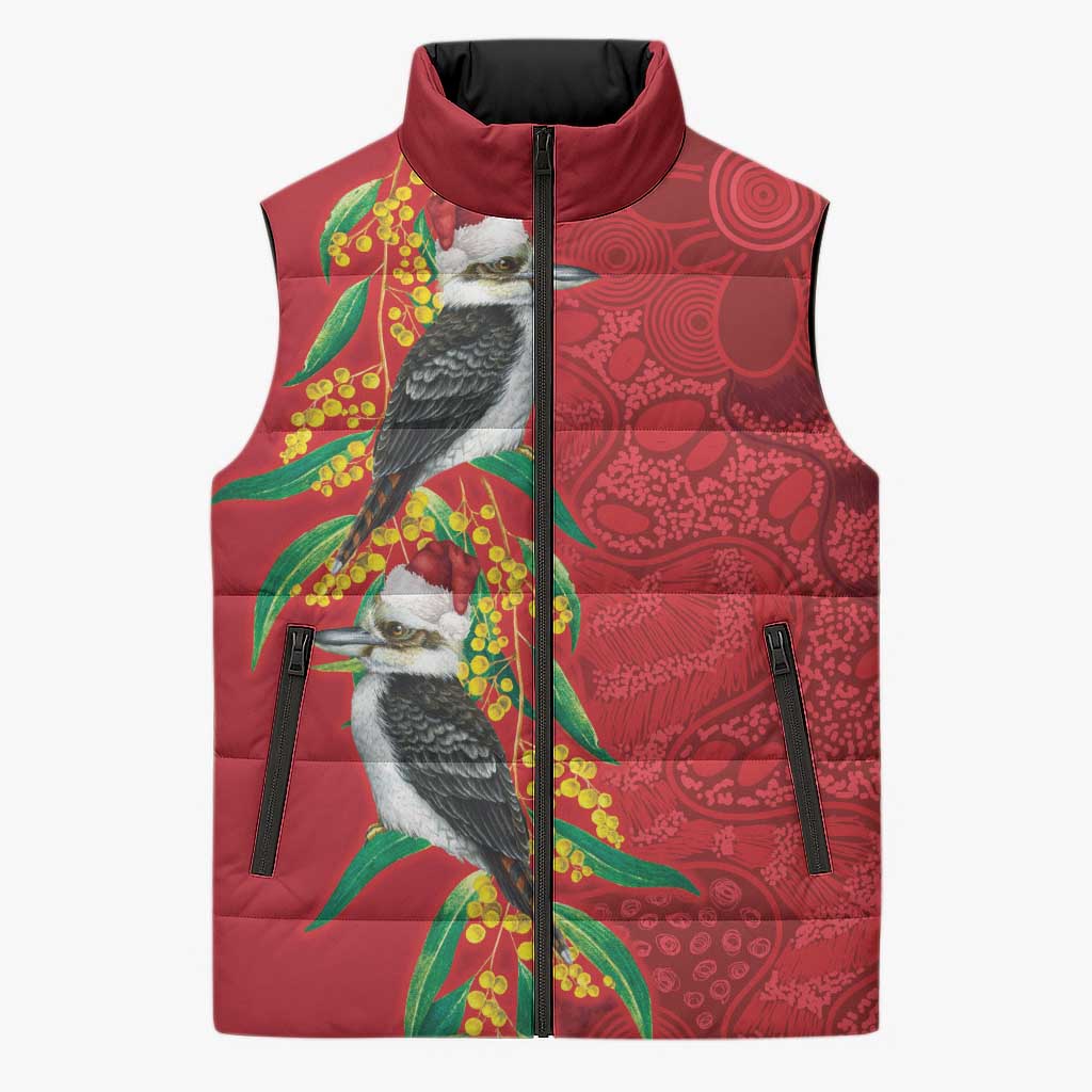 Aussie Kokaburra Golden Wattle Christmas Sleeveless Puffer Jacket Aboriginal Dots Painting Red Motif - Aussie Hoodie