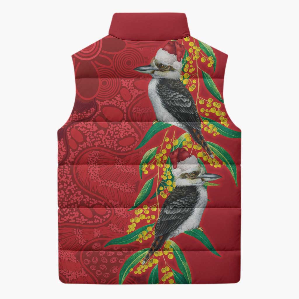 Aussie Kokaburra Golden Wattle Christmas Sleeveless Puffer Jacket Aboriginal Dots Painting Red Motif - Aussie Hoodie