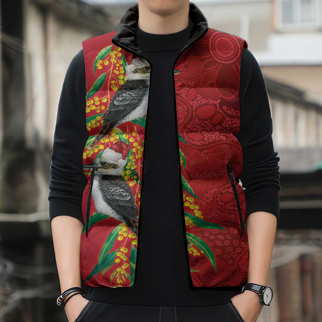 Aussie Kokaburra Golden Wattle Christmas Sleeveless Puffer Jacket Aboriginal Dots Painting Red Motif - Aussie Hoodie