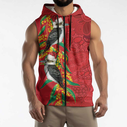 Aussie Kokaburra Golden Wattle Christmas Sleeveless Zip Hoodie Aboriginal Dots Painting Red Motif LT9