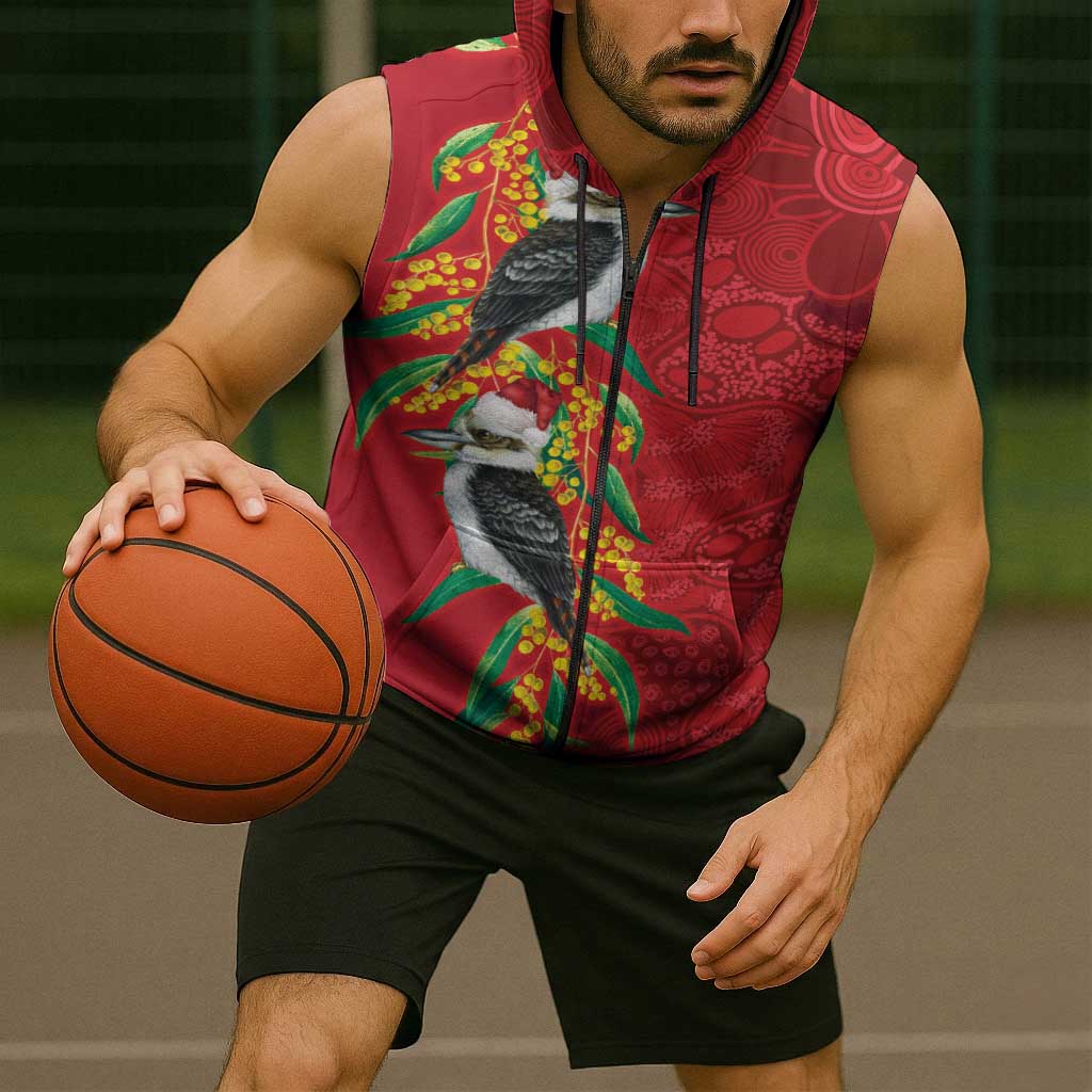 Aussie Kokaburra Golden Wattle Christmas Sleeveless Zip Hoodie Aboriginal Dots Painting Red Motif LT9
