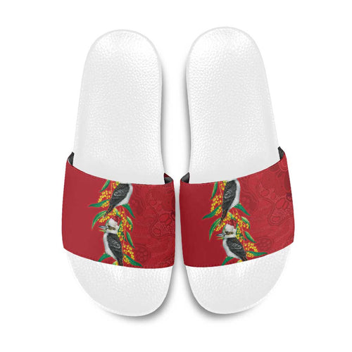Aussie Kokaburra Golden Wattle Christmas Slide Sandals Aboriginal Dots Painting Red Motif - Aussie Hoodie