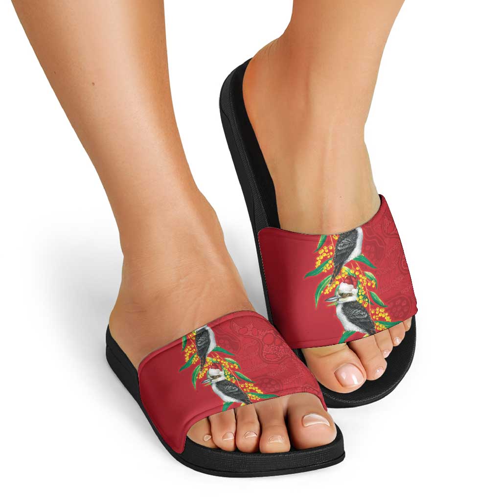 Aussie Kokaburra Golden Wattle Christmas Slide Sandals Aboriginal Dots Painting Red Motif - Aussie Hoodie