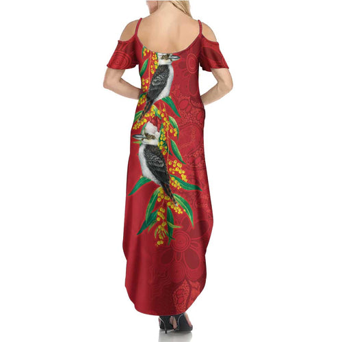 Aussie Kokaburra Golden Wattle Christmas Summer Maxi Dress Aboriginal Dots Painting Red Motif - Aussie Hoodie
