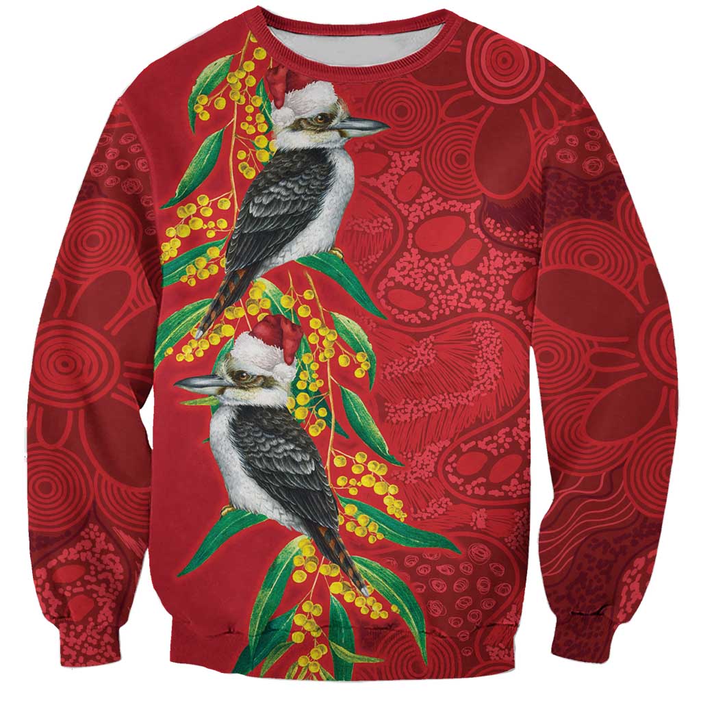 Aussie Kokaburra Golden Wattle Christmas Sweatshirt Aboriginal Dots Painting Red Motif - Aussie Hoodie